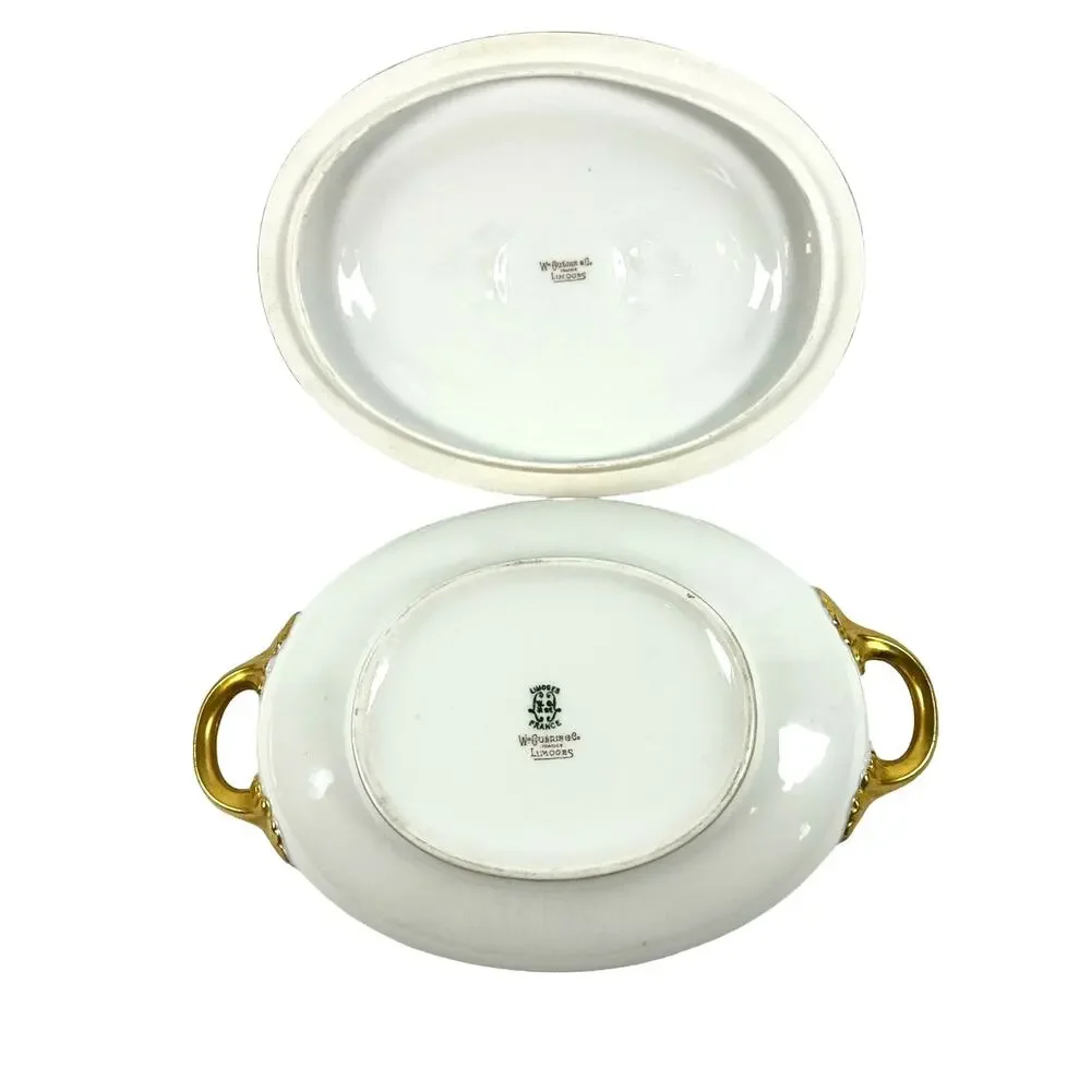 Wm Guerin & Co Limoges France White Antique Covered Serving Dish Gold Accents!